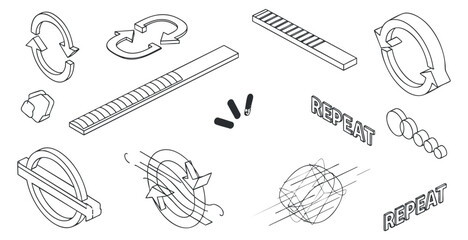 A set of vector icons featuring arrows, loops, and the word 'REPEAT' in a clean black and white outline style, ideal for motion graphics and design projects