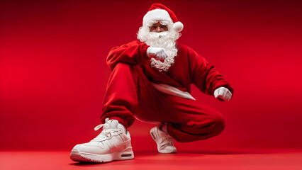 Man dressed as a stylish Santa Claus wearing white sneakers sits on red background. Banner fashion template for Christmas season, holiday advertising, youth culture concepts with copy space.
