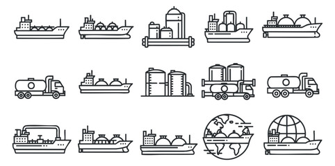 Naklejka premium A collection of shipping and transportation icons including cargo ships, trucks, and global elements in flat outline vector style, suitable for logistics and trade projects