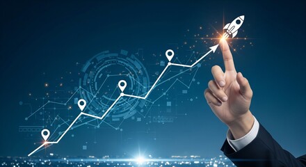 Hand touching rocket icon on upward trending graph