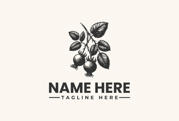 A vector illustration of a logo featuring a branch with leaves and fruits on a beige background with text placeholder.