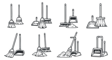 A collection of cleaning tools including brooms, mops, and dustpans in black and white outline vector style, suitable for cleaning service branding