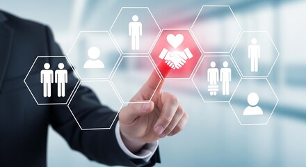 Man in suit touching handshake and heart icon on digital interface