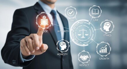 Man touching digital interface with business ethics icons