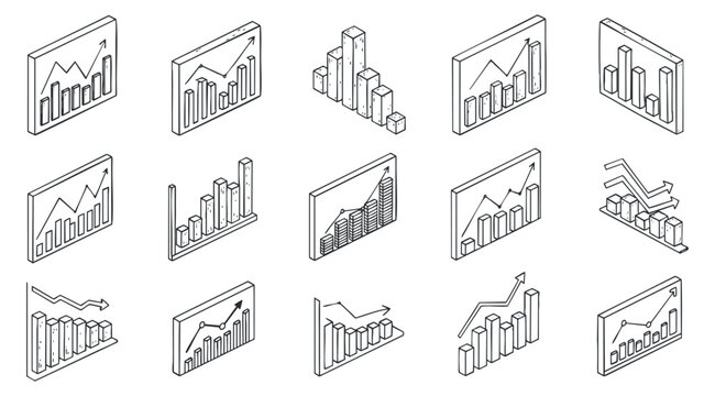 A collection of isometric line graphs and charts in black and white vector style, suitable for business presentations and data analysis
