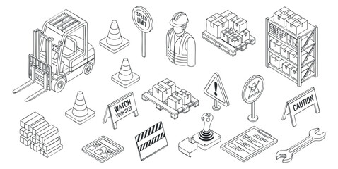 A collection of construction and warehouse icons including forklifts, safety signs, and worker gear in black and white outline vector style, suitable for logistics and safety training materials