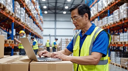Asian man warehouse worker typing on laptop, then looking up, and resuming work in a large logistics center.