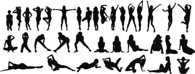 ポーズをとる女性のシルエットイラストセット