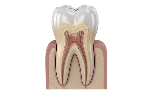 Detailed 3D rendering of the dental crown and root, highlighting the tooth's crown with a realistic structure. Visible dentin, enamel, and root connections. High-resolution render with soft profession