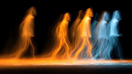 Abstract light trail of people walking in a row, creating a sense of movement and energy.