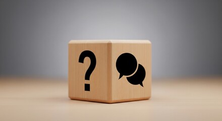Wooden cube with question mark and speech bubbles image