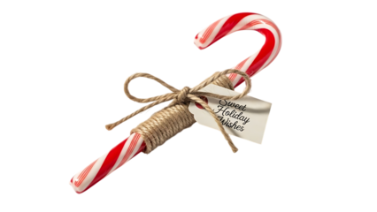 Red and white striped candy cane with twine and holiday tag
