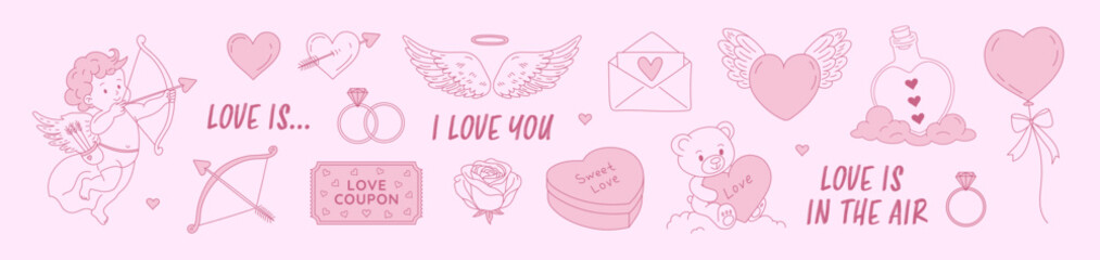 Cute hand-drawn love symbols for happy Valentine's Day.Vector set:hearts,Cupid,rings,rose,bear toy,letter,heart-shaped balloon,love coupon,wings,winged heart,potion.Creative concept:card, banner, web.