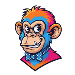 Colorful Monkey Mascot Head with Blue Fur and Polka Dot Bow Tie