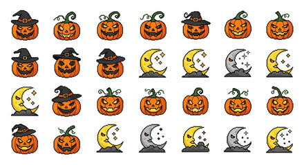 Halloween Pixel Art Set with Spooky Pumpkins Jack-o'-Lanterns and Crescent Moons