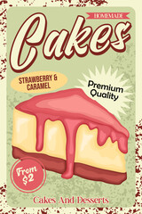 Retro Poster Advertising Homemade Strawberry and Caramel Cheesecake Slice