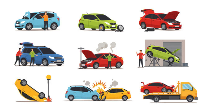 Car Accident and Auto Repair Set with Crashed Vehicles Tow Truck and Service