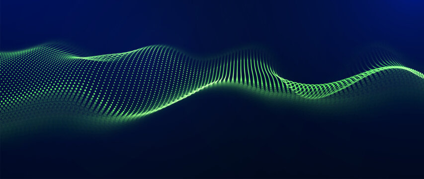 Green Glowing Dots Wave Lines Abstract Background. Futuristic Energy Flow, Digital Tech, Data Stream Design, Sustainable Renewable Energy Presentation Backdrop. Green Tech and Science Vector.