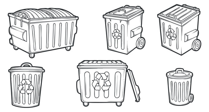 A set of various trash bins and recycling containers in clean outline vector style, suitable for environmental projects and waste management designs