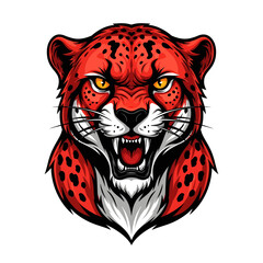 Fierce Red Jaguar Face Mascot Vector Illustration with Roaring Expression and Yellow Eyes