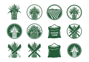 Sugarcane Agriculture Logo Set with Sugar Bags Machetes and Farm Field Icons