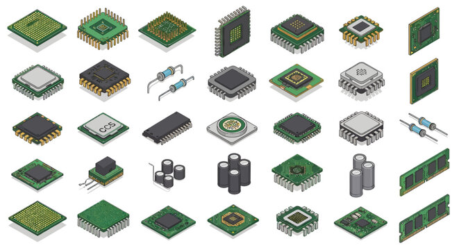 Isometric Microchip and Electronic Component Set with CPU Processors and RAM