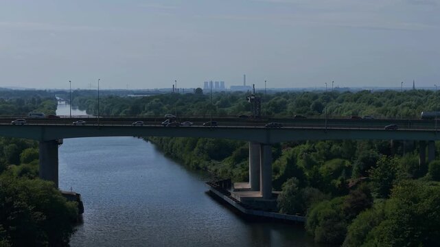 M6 Motorway, Lymm, Cheshire, UK, August 15, 2025; aerial view of the M6 Motorway Thelwall Viaduct bridge over the Manchester Ship Canal and River Mersey, Lymm, Cheshire, UK.