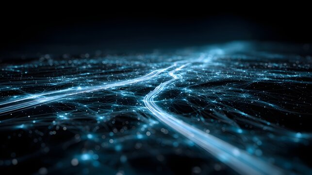 Abstract Network of Glowing Blue Lights and Data Streams. - Powered by Adobe