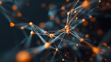 Abstract Network of Glowing Oranges Spheres Connected by Lines.