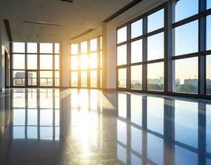 An empty, sunlit room with floor-to-ceiling windows overlooking a city skyline. The glossy floor reflects the bright sunlight