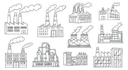 A collection of various factory buildings with smokestacks in outline vector style, suitable for industrial design projects