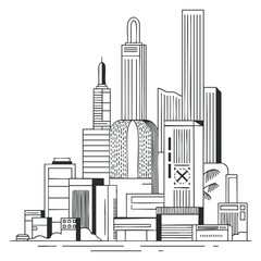 Fototapeta premium A modern city skyline illustration featuring tall buildings and skyscrapers in minimalist black and white vector style, ideal for urban design projects.