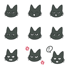 Fototapeta premium 黒猫の表情セット 喜怒哀楽の感情バリエーション 手描きの猫のイラスト