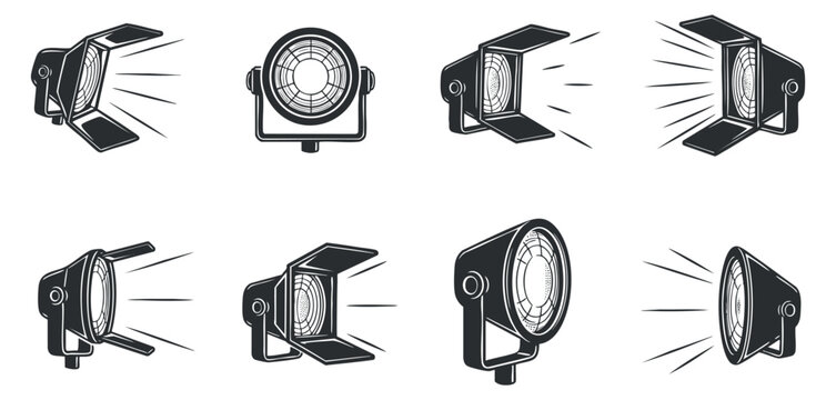 A collection of spotlight and floodlight icons in black and white minimalist vector style, ideal for design projects and theater applications