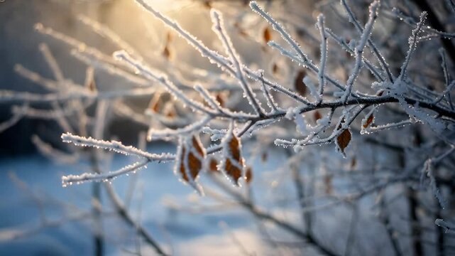 Frost covered tree branches with dry leaves sparkling in the morning sun. Serene winter landscape panorama for a seasonal nature background or website header