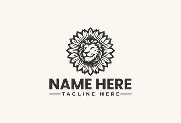 Fototapeta premium Black and white illustration of a lion's face in a sunflower logo with placeholder text on a beige background.
