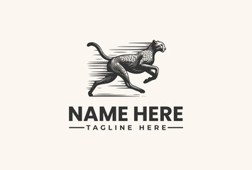 A black and white illustration of a cheetah in motion with a placeholder text for a name and tagline on a beige background, featuring a vector logo design. © vectorvovdesign