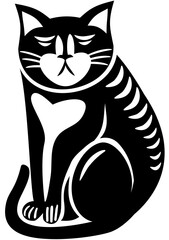 Vector silhouette of a sitting cat, stylized black and white cat
