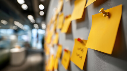 Post-its jaunes &eacute;pingl&eacute;s sur tableau dans un bureau moderne