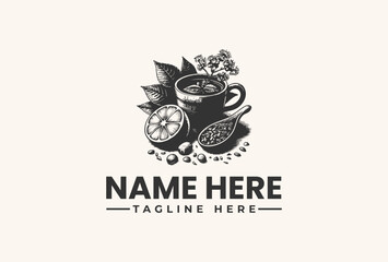Black and white vector illustration of a coffee cup with fruit and leaves on a beige background, logo design with placeholder text.