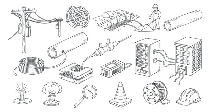 A collection of fiber optic cable icons and related tools in a detailed outline vector style, suitable for telecommunications design projects