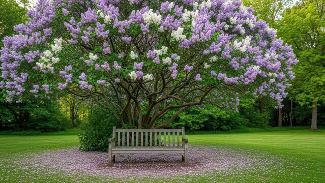 Serene garden scene with wooden bench under blooming lilac tree in spring