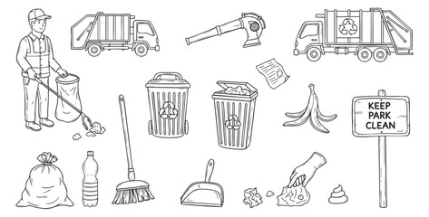 A collection of park cleaning activities and tools in simple outline vector style, ideal for environmental awareness campaigns
