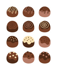 A delicious vector set of twelve assorted chocolate truffles with various toppings like swirls, drizzles, and heart shapes. Perfect for Valentine's Day designs, dessert menus, and confectionery ads.