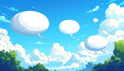 Animated scene showcasing speech bubbles floating in a bright blue sky filled with fluffy clouds. Lush green trees frame the bottom