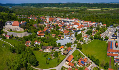 Aerial panoramic view of the old town city Tittmoning, 84529 in Bavaria, Germany beside Austria on a sunny day in summer.