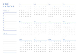 A minimalist 2026 full-year calendar vector template. It features a clean grid layout and month labels in soft pastel colors. Ideal for digital planning and modern office printing.