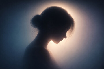 Woman Silhouette in Soft Light and Mist