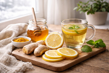 Healthy Ginger Lemon Tea with Honey on Wooden Table