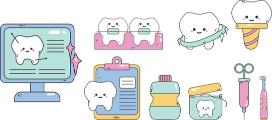 Cute Dental Equipment Tools Teeth Braches, Floss, Implant Illustration Collection  